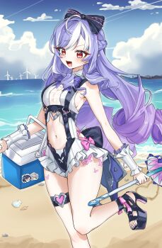 1girl absurdres beach black_shoes bow bowtie breasts clothing_cutout cloud cooler day drill_hair drill_sidelocks frilled_one-piece_swimsuit frills heart_cutout high_heels highres holding holding_umbrella korean_commentary leg_up long_hair medium_breasts multicolored_hair navel ocean official_alternate_costume one-piece_swimsuit open_mouth platform_heels pointy_ears purple_bow purple_bowtie purple_hair red_eyes shoes sidelocks solo sosii_79 stomach_cutout streaked_hair swimsuit umbrella vivian_banshee vivian_banshee_(iris_of_the_shore) white_hair white_one-piece_swimsuit zenless_zone_zero