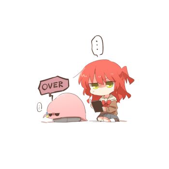 Rule 34 | ..., 1girl, bocchi the rock!, bow, bowtie, brown shoes, brown sweater, chibi, chibi only, commentary request, full body, gotoh hitori, gotoh hitori (tsuchinoko), grey skirt, jitome, kita ikuyo, long sleeves, no mouth, pleated skirt, rebecca (keinelove), red bow, red bowtie, sailor collar, school uniform, shaded face, shoes, shuka high school uniform, simple background, skirt, socks, spoken ellipsis, sweatdrop, sweater, weighing scale, weight conscious, white background, white sailor collar, white socks