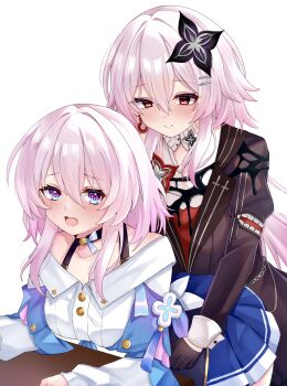 2girls absurdres black_choker black_dress black_flower black_gloves blue_eyes blue_jacket blue_skirt blush bra_strap breasts buttons choker collarbone commentary_request dress dual_persona earrings evernight_(honkai:_star_rail) flower flower_ornament gloves gradient_clothes gradient_jacket hair_flower hair_ornament highres honkai:_star_rail honkai_(series) jacket jewelry long_sleeves march_7th_(honkai:_star_rail) march_7th_(preservation)_(honkai:_star_rail) medium_breasts medium_hair mimiya miniskirt multicolored_eyes multiple_girls off-shoulder_jacket off_shoulder official_alternate_costume official_alternate_design official_alternate_eye_color official_alternate_hair_length official_alternate_hairstyle open_mouth pink_eyes pink_hair pink_jacket pink_pupils pleated_skirt red_eyes selfcest shirt simple_background single_earring skirt sweatdrop tied_jacket two-tone_eyes variant_set white_background white_shirt yuri
