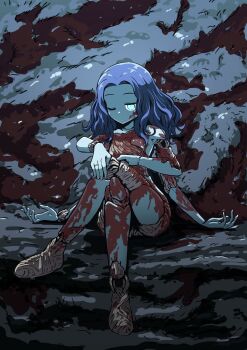 1girl absurdres blood blood_on_wall blue_eyes blue_hair blue_skin cave_interior cianter closed_mouth colored_skin commentary cracked_skin crossed_legs doll doll_joints elden_ring english_commentary extra_arms full_body highres indoors joints long_hair looking_at_viewer mixed-language_commentary one_eye_closed ranni_the_witch scene_reference sitting solo spoilers