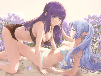 2girls absurdres all_fours arm_support bare_arms bare_legs bare_shoulders bed_sheet black_bra black_choker black_panties blue_hair bra breasts bright_pupils choker cleavage closed_mouth earrings expressionless feet_out_of_frame fern_(sousou_no_frieren) flower frieren from_side green_eyes hair_spread_out half-closed_eyes half_updo highres jewelry large_breasts light_blue_hair long_hair looking_at_viewer looking_to_the_side lying medium_breasts melon_(melontsai) multiple_girls navel on_back panties parted_bangs plant pointy_ears pout print_bra print_panties purple_eyes purple_flower purple_hair red_earrings sideways_glance sousou_no_frieren straight_hair twintails underwear underwear_only white_bra white_panties white_pupils