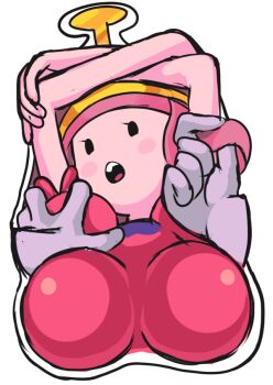 1girl adventure_time black_eyes blush_stickers breast_mousepad breasts colored_skin disembodied_hand female_focus gashi-gashi large_breasts long_hair mousepad_(medium) pinching pink_hair pink_skin princess_bonnibel_bubblegum solo tiara very_long_hair