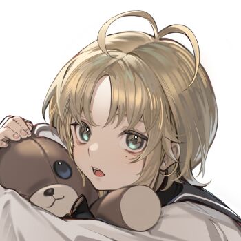 1boy :o antenna_hair aqua_eyes black_sailor_collar blonde_hair child chinese_commentary fingernails freeze_(867139) from_side holding holding_stuffed_toy hugging_object long_sleeves looking_at_viewer male_focus mole mole_under_eye open_mouth original parted_bangs portrait sailor_collar sailor_shirt shirt short_hair sideways_glance simple_background solo stuffed_animal stuffed_toy teddy_bear teeth white_background white_shirt