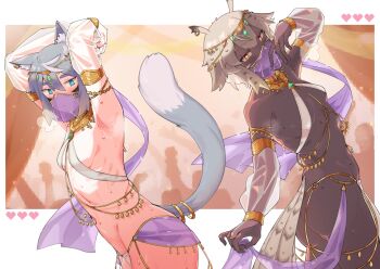2girls animal_ear_fluff animal_ear_piercing animal_ears aqua_eyes armlet armpits arms_up ass bird_ears bird_tail breasts cat_ears cat_girl cat_tail dancer dark-skinned_female dark_skin detached_sleeves gem gold_armlet grey_hair grey_tail groin hair_between_eyes harem_outfit heart heart-shaped_pupils highres jewelry kokuya_(kokuya28) mouth_veil multiple_girls navel o-ring original outside_border parted_lips ribs ring see-through_clothes see-through_sleeves small_breasts smile steaming_body sweat symbol-shaped_pupils tail veil