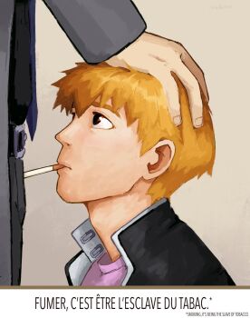 2boys age_difference age_switch aged_down aged_up belt cigarette cpn86457 derivative_work fingernails gakuran highres implied_yaoi jacket kageyama_shigeo long_sleeves male_focus mob_psycho_100 multiple_boys orange_hair photo-referenced reigen_arataka school_uniform shirt short_hair t-shirt
