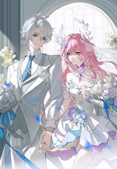 Rule 34 | 1boy, 1girl, absurdres, amorfati0811, blue eyes, blue necktie, bouquet, breasts, bride, chinese commentary, couple, cyrene (demiurge) (honkai: star rail), cyrene (honkai: star rail), diamond-shaped pupils, diamond (shape), dress, flower, formal clothes, groom, hair between eyes, hair flower, hair ornament, halo, hetero, highres, holding, holding bouquet, holding hands, honkai: star rail, honkai (series), long hair, medium breasts, mixed-language commentary, necktie, pants, phainon (honkai: star rail), pink hair, pointy ears, purple eyes, smile, suit, symbol-shaped pupils, very long hair, vest, wedding, wedding dress, white hair, white pants, white vest
