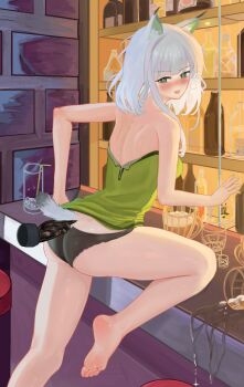 animal_ears arknights ass barefoot black_panties clothes_lift dress dress_lift drunk english_text green_dress green_eyes hand_on_another_tail highres kal'tsit_(arknights) lyib lynx off-shoulder_dress off_shoulder open_mouth panties self-upload short_hair tail underwear white_hair