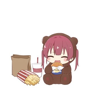 1girl animal_costume animal_ears animal_hood bear_costume bear_ears bear_hood blush burger chibi commentary_request cup disposable_cup drinking_straw eating fang fast_food food french_fries happy highres hololive hood houshou_kumarine houshou_marine long_hair open_mouth red_hair smile solo twintails virtual_youtuber yoshinone