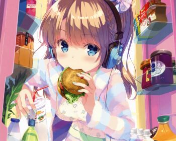 1girl blonde_hair blue_eyes blush braid chocolate bad_tag drink female_focus food headphones highres honey hood hoodie ohara_tometa original scan solo