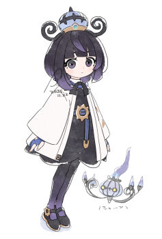 1girl bebe_0620 belt belt_buckle black_dress black_hair black_pantyhose black_shoes blue_gloves blunt_bangs bob_cut buckle chandelure closed_mouth coat commentary_request dated dress eyelashes full_body gen_5_pokemon gloves gradient_hair gradient_pantyhose gwynn_(pokemon) hat highres long_sleeves looking_at_viewer multicolored_hair nintendo o-ring o-ring_belt open_clothes open_coat pantyhose partially_fingerless_gloves pokemon pokemon_(creature) pokemon_legends:_z-a purple_eyes purple_hair purple_pantyhose shoes short_hair signature standing white_coat