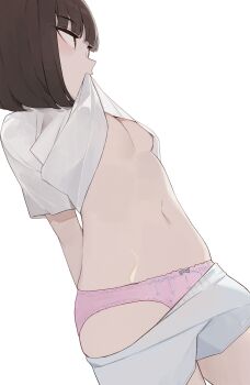 1girl breasts brown_eyes brown_hair clothes_lift clothes_pull commentary_request highres hiroki_(yyqw7151) lifting_own_clothes medium_breasts original panties partial_commentary pink_panties shirt_lift short_hair short_sleeves shorts shorts_pull simple_background solo underboob underwear white_background white_shorts