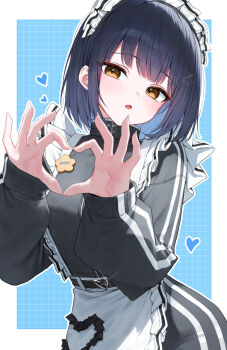 1girl apron belt black_belt black_hair blue_hair gangzi_(vtuber) heart heart_hands huhi_(huhi_1211) jersey_maid long_sleeves maid maid_apron maid_headdress parted_lips short_hair solo stellive unconventional_maid virtual_youtuber white_apron yellow_eyes