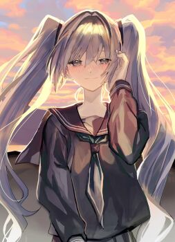 1girl black_serafuku blue_eyes blue_hair blush commentary_request crying glow_(vocaloid) hair_intakes hand_in_own_hair hatsune_miku highres long_hair long_sleeves pleated_skirt school_uniform serafuku skirt smile solo soyaka sunset tears textless_version twintails upper_body very_long_hair vocaloid