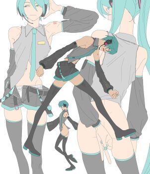 Rule 34 | 1girl, adapted costume, aqua eyes, aqua hair, aqua nails, aqua necktie, ass, back, belt, black boots, black shorts, black sleeves, boots, bottomless, boxers, breasts, calvin klein, clenched hands, closed mouth, collared shirt, detached sleeves, empty eyes, expressionless, from side, grey shirt, hair between eyes, hand on headphones, hatsune miku, headphones, headset, highres, long hair, long sleeves, looking at viewer, looking back, looking to the side, loose belt, male underwear, multiple views, necktie, no nose, number tattoo, open belt, open fly, plzdom c, raised eyebrow, shirt, short hair, short shorts, shorts, skinny, sleeveless, sleeveless shirt, small breasts, tattoo, thigh boots, twintails, underwear, v, vocaloid, walking, white background, wing collar