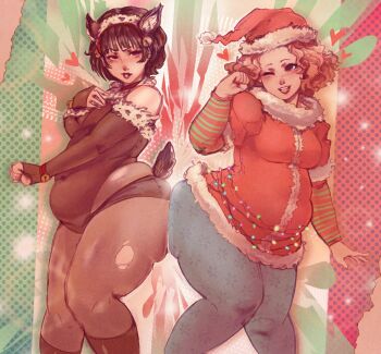 2girls absurdres ass-to-ass blush breasts christmas female_focus heart highres medium_breasts multiple_girls newmetrack niijima_makoto okumura_haru one_eye_closed pantyhose persona persona_5 plump short_hair thick_thighs thighs torn_clothes torn_pantyhose wink