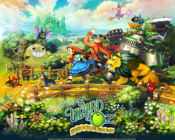 animal_ears axe blue_dress bow bowtie brick_road castle cat cloud cloudy_sky cowardly_lion dorothy_gale dorothy_gale_(riz-zoawd) dress flora_(riz-zoawd) hat lion lion_ears lion_tail long_hair media.vision official_art over_shoulder red_eyes red_hair riz-zoawd robot running scarecrow scarecrow_(the_wizard_of_oz) sky tail the_wizard_of_oz tin_man_(the_wizard_of_oz) toto_(the_wizard_of_oz) weapon weapon_over_shoulder witch witch_hat yellow_brick_road