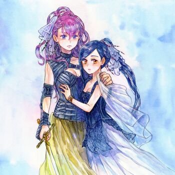 2girls arm_around_shoulder black_hair bracelet breasts cleavage cleavage_cutout clothing_cutout commentary_request high_ponytail hitsuki_(hiidukii) holding holding_sword holding_weapon honzuki_no_gekokujou jewelry leonore_(honzuki_no_gekokujou) medium_breasts multiple_girls myne_(honzuki_no_gekokujou) orange_eyes ponytail purple_eyes purple_hair scarf skirt sword traditional_media watercolor_pencil_(medium) weapon white_skirt yellow_skirt