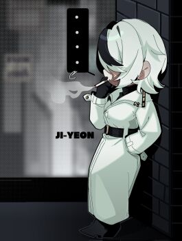 ... 1girl character_name chibi coat commentary english_commentary gloves halftone highres jacket ny_000a original red_eyes scar scar_on_face signature smoking watermark white_hair white_jacket