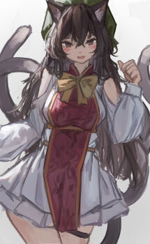 Rule 34 | 1girl, absurdres, aged up, alternate costume, alternate hair length (longer), animal ears, bow, bowtie, breasts, brown eyes, brown hair, cat ears, cat tail, chen, commentary request, dress, green hat, hat, highres, large breasts, long hair, long sleeves, mob cap, multiple tails, open mouth, red tabard, solo, tabard, tail, thigh strap, touhou, vanilla flan, very long hair, white dress, yellow bow, yellow bowtie