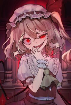 1girl absurdres aorin_oekaki ascot blonde_hair crazy_eyes crazy_smile crystal crystal_wings fangs flandre_scarlet hat hat_ribbon highres looking_at_viewer mob_cap one_side_up pillar red_eyes red_nails red_skirt red_vest red_wings ribbon scrunchie short_hair side_ponytail skirt skirt_set smile solo touhou vest white_hat wings wrist_scrunchie yellow_ascot