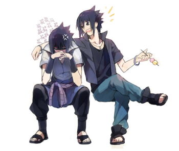 2boys :d anger_vein black_eyes black_hair black_jacket black_pants black_shirt blue_pants bracelet crossed_legs dango denim food holding invisible_chair jacket jeans jewelry littleb male_focus multiple_boys naruto:_road_to_ninja naruto_(series) naruto_shippuuden necklace ninja open_mouth pants sandals shirt short_hair short_sleeves simple_background sitting smile spiked_hair uchiha_sasuke wagashi white_background zouri