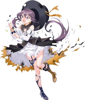 1girl akebono_(halloween)_(kancolle) akebono_(kancolle) black_hat burnt_clothes candy chain corset crescent_print cup damaged dress drew_(drew213g) food full_body garter_straps grey_shoes halloween_costume hat kantai_collection lollipop long_hair mismatched_shoes official_art one_eye_closed orange_shoes purple_eyes purple_hair searchlight shoes side_ponytail single_thighhigh thighhighs third-party_source top_hat torn_clothes transparent_background white_dress