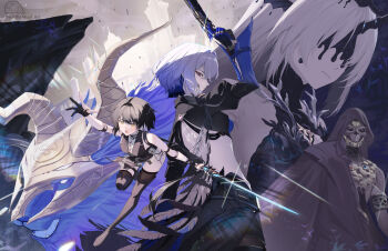 1other 3girls absurdres arm_up armlet back_tattoo bare_shoulders black_boots black_cloak black_dress black_hair black_jacket black_thighhighs black_wings boots breasts chimera_(wuthering_waves) cloak closed_mouth commentary_request covered_eyes cropped_jacket dress feathered_wings female_rover_(wuthering_waves) galbrena_(wuthering_waves) gloves grey_hair gun highres holding holding_gun holding_sword holding_weapon hood hooded_cloak jacket jewelry large_breasts leviathan_(wuthering_waves) long_hair looking_at_viewer looking_back multiple_girls partially_fingerless_gloves puddlemud purple_eyes rover_(wuthering_waves) schwarzloch_(wuthering_waves) single_wing sword tacet_discord_(wuthering_waves) tacet_mark_(wuthering_waves) tattoo thigh_boots thighhighs thighhighs_under_boots thighs weapon wings wuthering_waves