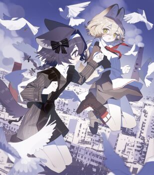 1cyaya1 2girls absurdres animal_ear_fluff animal_ears apron bird black_coat black_dress blue_sky braid brown_hair brown_shoes cat_ears cityscape coat commentary_request dove dress floating green_eyes headband highres holding_hands jumping leka_(1cyaya1) looking_at_another merlot_(1cyaya1) multiple_girls necktie open_mouth original pinstripe_coat purple_eyes purple_hair red_necktie shoes short_hair sky surprised tail white_apron white_headband