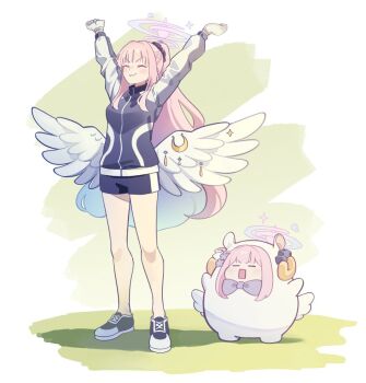 2girls ^_^ animal_costume black_shoes blue_archive blue_bow blue_bowtie blue_jacket blue_shorts blush bow bowtie chibi clenched_hand closed_eyes closed_mouth commentary crescent_moon dual_persona ekoru feathered_wings green_background halo hands_up high_ponytail jacket jitome long_sleeves low_wings mika_(blue_archive) mika_(track)_(blue_archive) moon multicolored_jacket multiple_girls official_alternate_costume on_ground pink_hair pink_halo ponytail shoes shorts sidelocks simple_background sportswear spread_wings stretching two-tone_jacket v-shaped_eyebrows white_background white_jacket white_shorts white_wings wings