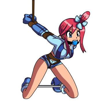 1girl absurdres ass ball_gag bdsm blue_eyes bondage bound bound_wrists breasts crotch_rope drooling female_focus full_body gag gagged gym_leader highres nintendo pink_hair pokemon pokemon_bw pokemon_bw2 rope saliva shorts skyla_(pokemon) solo spreader_bar strappado thedankknight1