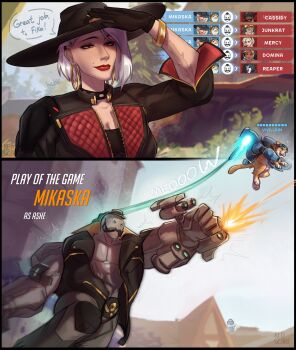 1girl absurdres arm_up ashe_(overwatch) asymmetrical_hair black_gloves black_vest bob_(overwatch) bowler_hat cat clothed_robot commentary cowboy_hat cowgirl_(western) earrings english_commentary english_text firing friendly_mutton_chops gameplay_mechanics gloves half-closed_eyes hat heads-up_display health_bar highres hoop_earrings humanoid_robot jetpack_cat_(overwatch) jewelry lipstick makeup mole mole_above_mouth omnic overwatch red_eyes red_lips redscarfabs robot robot_boy upper_body user_interface vest white_hair winston_(overwatch) winton_overwat