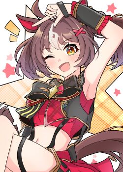 1girl ;d absurdres ahoge animal_ears arnolddayo blush brown_eyes brown_hair cropped_jacket frilled_wristband gran_alegria_(umamusume) highres horse_ears horse_girl horse_tail looking_at_viewer midriff navel one_eye_closed open_mouth shirt sleeveless sleeveless_shirt smile solo tail umamusume