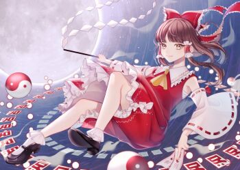 1girl ascot between_fingers black_shoes bow brown_eyes brown_hair chest_sarashi closed_mouth commentary_request detached_sleeves frilled_bow frilled_hair_tubes frilled_skirt frills full_moon gohei hair_bow hair_tubes hakurei_reimu holding holding_gohei imperishable_night long_hair looking_at_viewer mary_janes moon ofuda ofuda_between_fingers orb red_bow red_skirt ribbon-trimmed_sleeves ribbon_trim sarashi sedamaki shoes skirt skirt_set smile socks solo touhou white_socks yellow_ascot yin_yang yin_yang_orb