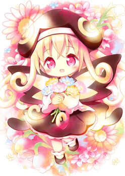 Rule 34 | 1girl, :d, aikei ake, beret, black dress, black hat, black shoes, blue flower, blush, bouquet, brown socks, brown wings, commentary request, dress, flower, full body, hat, hugging object, open mouth, original, personification, pink flower, shoes, smile, socks, solo, standing, standing on one leg, swallowtail butterfly, wings, yellow flower