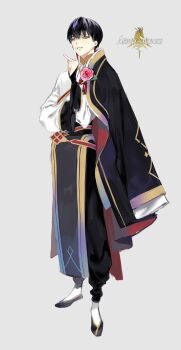 1boy black_hair chamuring commentary_request copyright_name flats flower full_body grey_background highres ian_(lord_of_heroes) korean_commentary long_sleeves looking_at_viewer lord_of_heroes male_focus parted_lips pink_flower pink_rose rose simple_background solo standing