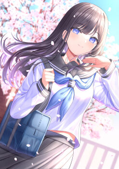 1girl absurdres bag black_hair black_sailor_collar black_skirt blue_bag blue_eyes blue_neckerchief cherry_blossoms closed_mouth commentary_request falling_petals highres long_hair long_sleeves mizukoshi_(marumi) neckerchief original petals pleated_skirt sailor_collar school_bag school_uniform shirt skirt sky solo white_shirt