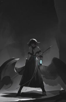 1girl absurdres axe black_background black_boots black_hair black_skirt black_wings boots capelet closed_mouth commentary double-sided_axe full_body green_eyes highres holding holding_axe holding_lantern horns lantern long_skirt looking_at_viewer magpie_(phyriaxi) original phyriaxi short_hair simple_background skirt solo standing white_capelet white_horns wings