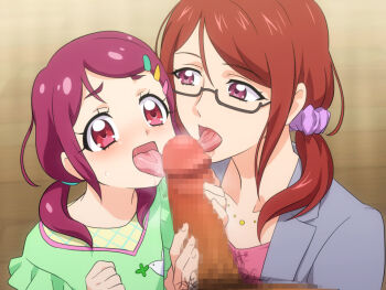 1boy 2girls age_difference brown_hair censored cooperative_fellatio fellatio glasses green_shirt grey_jacket hugtto!_precure jacket loli mature_female mosaic_censoring mother_and_daughter multiple_girls mushiro_(nijie728995) nono_kotori nono_sumire oral oyakodon_(sex) penis pink_eyes pink_hair ponytail precure shirt t-shirt teamwork_(sexual) twintails upper_body