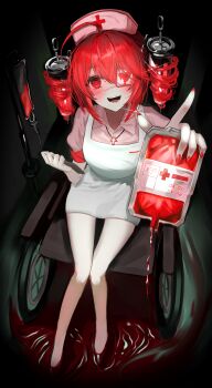 1girl 2ck_dan absurdres ahoge apron armband bag blood blood_bag clipboard commentary_request cross cross_necklace dress drill_hair eyepatch full_body hat highres holding holding_bag holding_clipboard index_finger_raised iv_stand jewelry kasane_teto latin_cross long_hair looking_at_viewer medical_eyepatch necklace nurse nurse_cap one_eye_covered open_mouth pink_dress red_armband red_cross red_eyes red_hair red_nails short_sleeves sitting solo twin_drills vocaloid wheelchair white_apron