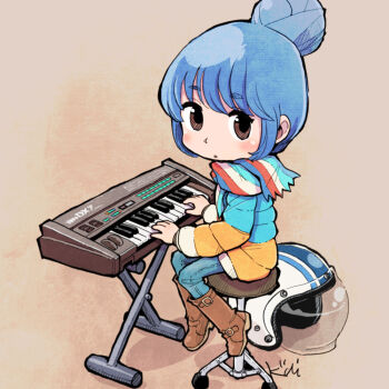 1girl :o blue_hair blue_jacket blue_pants blue_scarf blush boots brown_background brown_boots brown_eyes brown_hair chibi commentary denim from_side hair_bun helmet instrument jacket jeans kiichi long_sleeves looking_back multicolored_jacket multicolored_scarf music orange_jacket pants parted_lips playing_instrument playing_piano red_scarf scarf shima_rin short_hair signature simple_background sitting solo stool swept_bangs synthesizer turning_head two-tone_jacket unworn_headwear unworn_helmet white_helmet white_scarf white_trim yamaha_dx7 yurucamp