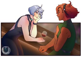 2girls ahoge alcohol artist_name backless_dress backless_outfit black_dress blue_eyes bracelet counter cup dark-skinned_female dark_skin dress drinking_glass green_dress grey_eyes gundam gundam_suisei_no_majo hairband hand_on_chin highres jewelry miorine_rembran multiple_girls muscular muscular_arms muscular_female necklace red_hair short_hair sleeveless sleeveless_dress suletta_mercury superkiak swept_bangs thick_eyebrows transparent_background white_hair wine wine_glass