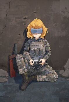Rule 34 | 1girl, blonde hair, boots, bullet hole, camouflage, camouflage jacket, camouflage pants, commentary, commission, controller, curly hair, digital camouflage, english commentary, gun, handgun, head-mounted display, highres, holding, holding controller, jacket, load bearing vest, omiglop, pants, rubble, russo-ukrainian war, short hair, sitting, smile, solo, stechkin aps, tanya degurechaff, tanya degurechaff (sleepwalker), weapon, youjo senki