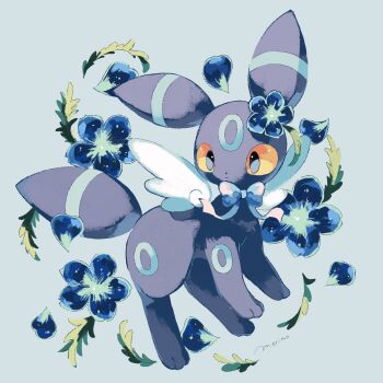 Rule 34 | alternate color, animal focus, artist name, blue background, blue flower, bow, colored sclera, flower, gen 2 pokemon, highres, leaf, merino (merino 9999), nintendo, no humans, petals, pokemon, pokemon (creature), pokemon focus, shiny pokemon, solo, umbreon, wings, yellow sclera
