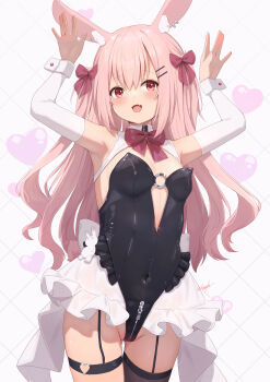 1girl absurdres animal_ears arms_up bow breasts commentary_request crotch_zipper detached_sleeves hair_bow hair_ornament hairclip highres hinata_(user_rjkt4745) leotard long_hair original pink_hair rabbit_ears rabbit_pose small_breasts smile solo thighhighs