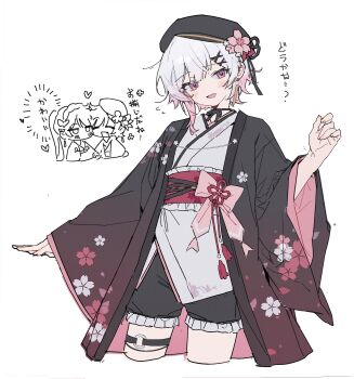 1girl adapted_costume alternate_costume beret bow cherry_blossoms commentary_request cowboy_shot cropped_legs doodle_inset fang floral_print flower frilled_shorts frills hair_flower hair_ornament hat highres japanese_clothes kimono long_sleeves looking_at_viewer mahou_shoujo_no_inshuu_mura mahou_shoujo_no_majo_saiban matcha00 nikaido_hiro o-ring o-ring_thigh_strap obi open_mouth pink_bow pink_eyes red_sash sakuraba_ema sash short_hair shorts simple_background smile solo standing thigh_strap translation_request white_background white_hair wide_sleeves x_hair_ornament