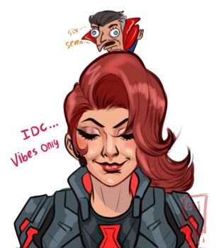 1boy 1girl 67_(meme) black_bodysuit black_widow blue_eyes bodysuit closed_eyes commentary doctor_strange doctor_strange_(series) english_commentary english_text facial_hair grey_armor grey_hair high_collar highres ishowspeed_trying_not_to_laugh_(meme) long_hair marvel marvel_rivals meme mocking_spongebob_(meme) natasha_romanoff red_hair red_lips short_hair tazahan upper_body white_background