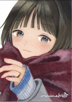 Rule 34 | 1girl, brown hair, choppy bangs, closed mouth, commentary request, grey eyes, hand up, highres, jewelry, long sleeves, nena labo, original, photo (medium), red scarf, ring, scarf, signature, sleeves past wrists, solo, traditional media, upper body