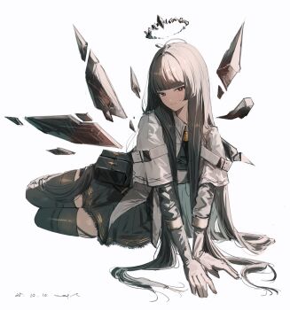 ahoge arknights ascot bag black_ascot black_bag black_eyes black_halo black_skirt black_thighhighs blunt_bangs blunt_sidelocks broken_halo commentary_request crown dark_halo dated detached_wings dot_nose energy_wings gloves hair_intakes halo highres jacket long_hair looking_at_viewer mole mole_under_eye pppmepl short-sleeved_jacket short_sleeves sidelocks signature simple_background skirt smile thighhighs very_long_hair virtuosa_(arknights) white_background white_gloves wings zettai_ryouiki