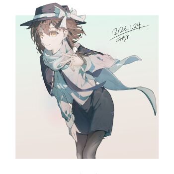 Rule 34 | 1girl, black hat, black pantyhose, black skirt, bow, brown eyes, brown hair, capelet, chinese commentary, closed mouth, commentary, dated, hair tie, hat, hat bow, highres, leaning forward, long sleeves, looking at viewer, medium hair, pantyhose, renkxia, ribbon-trimmed capelet, ribbon trim, scarf, shirt, signature, skirt, smile, solo, touhou, usami renko, white bow, white scarf, white shirt