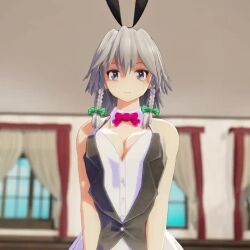 1girl 3d animated blue_eyes breasts cleavage downblouse grey_hair izayoi_sakuya leaning_forward looking_at_viewer medium_breasts mofumoko5 no_bra smile solo teasing thighs touhou video
